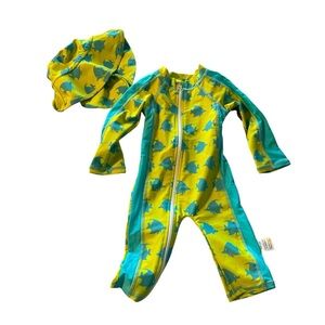 Yellow and Teal Fish Print Baby Swimsuit with Hat